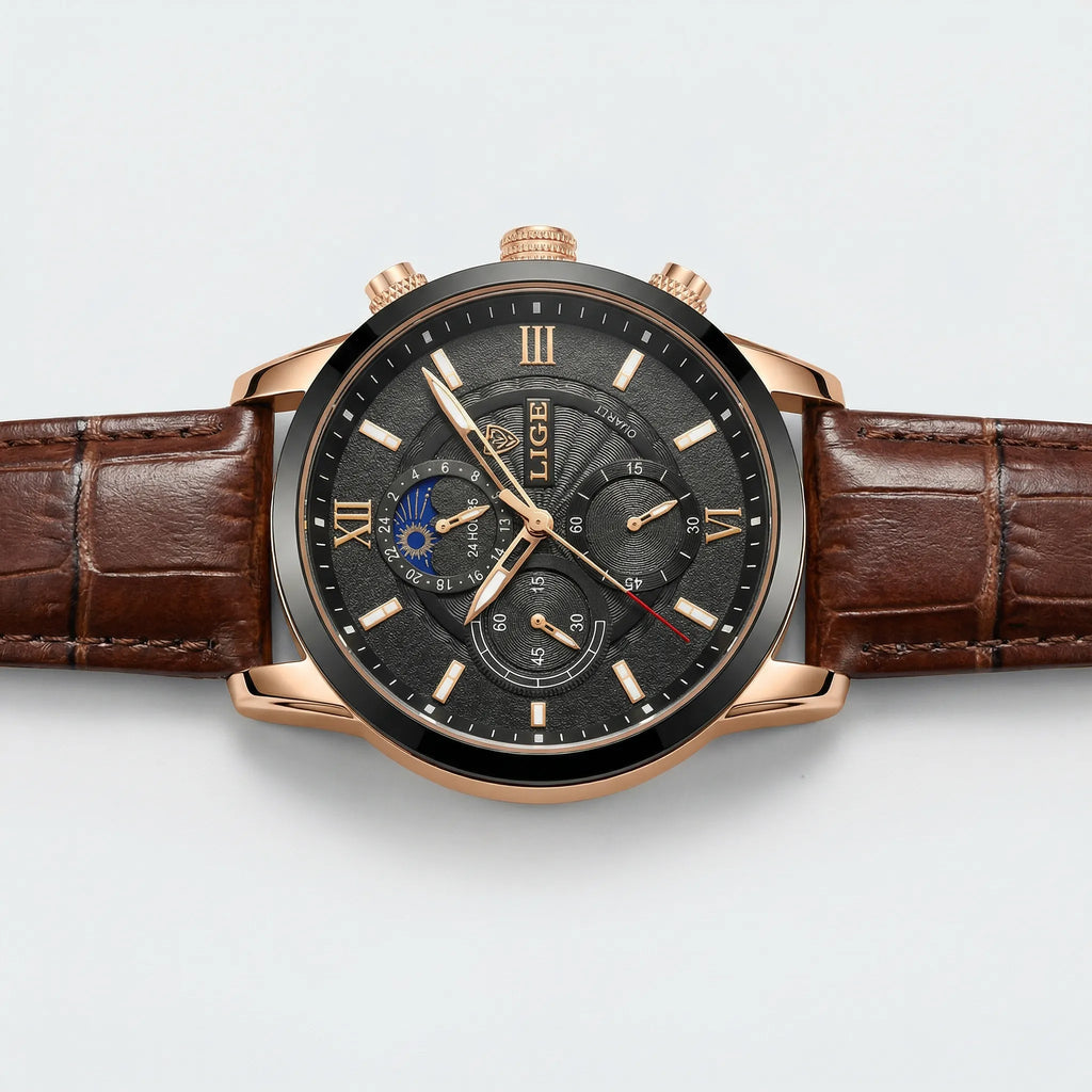 Close-up of the precision hands and sub-dials on a classic heritage black dial watch.