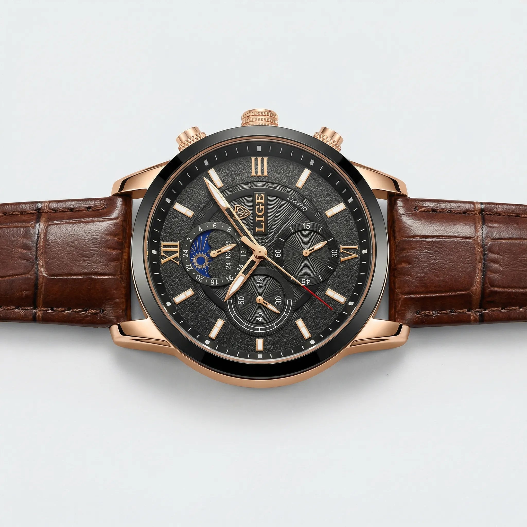 Close-up of the precision hands and sub-dials on a classic heritage black dial watch.