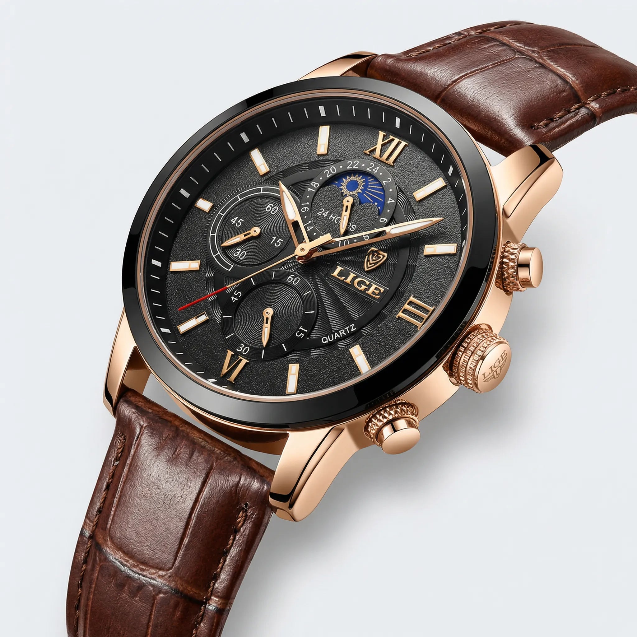 Side profile showing the durable case of a classic heritage watch, an elegant leather strap watch.