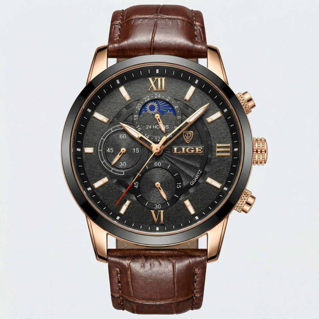 Detailed front view of a heritage classic watch with a black dial and leather strap, a premium dress watch.