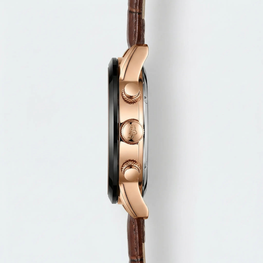 Close-up of the intricate Roman numeral dial and moon phase on a black dial heritage watch.