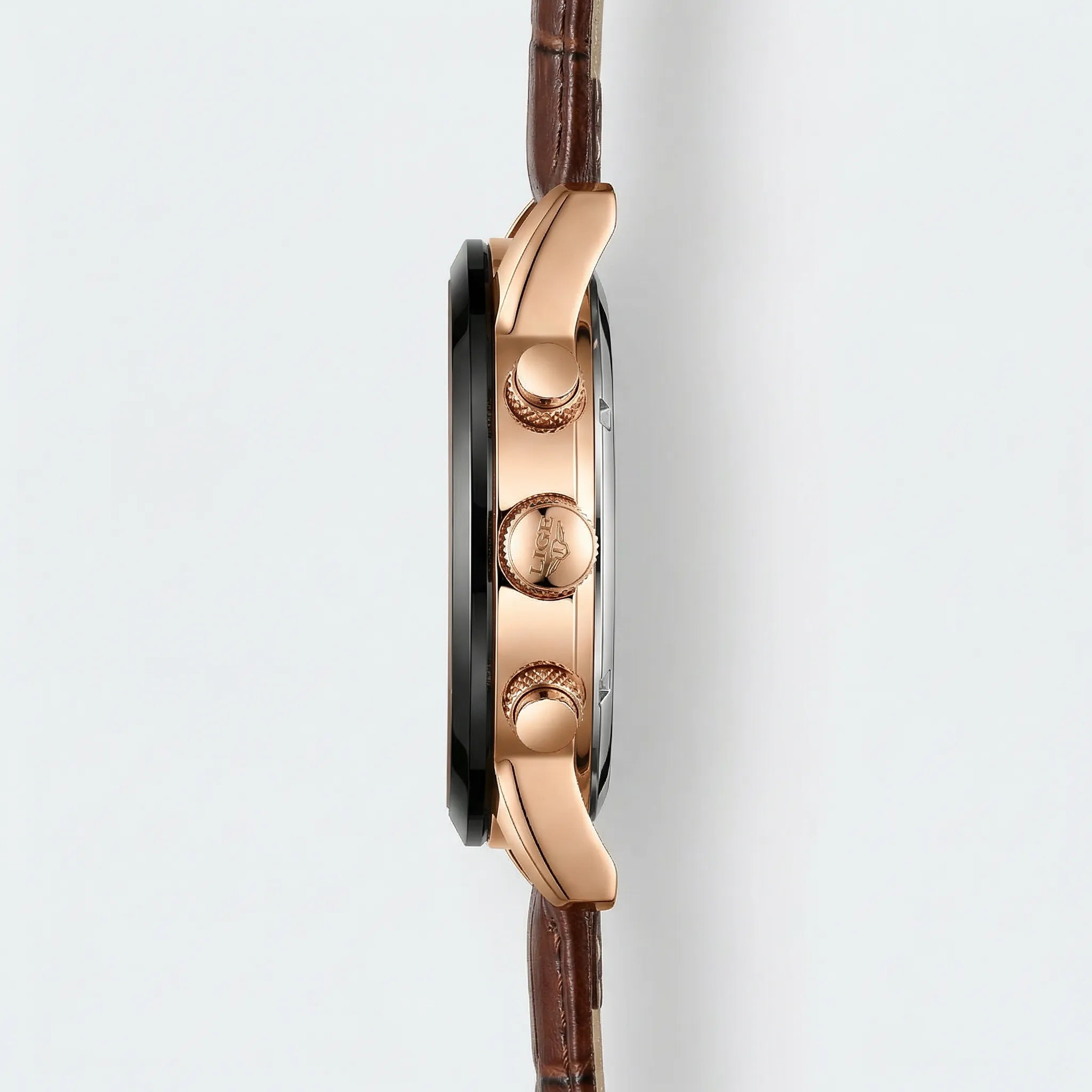 Close-up of the intricate Roman numeral dial and moon phase on a black dial heritage watch.