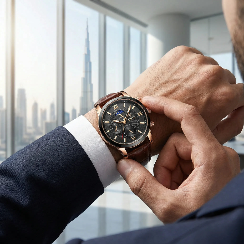 Man wearing a heritage classic watch with a black dial on his wrist, showcasing refined elegance.