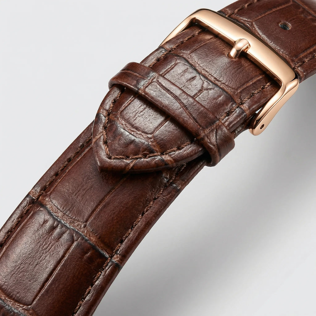 Detailed view of the premium black leather band on a vintage style heritage watch.