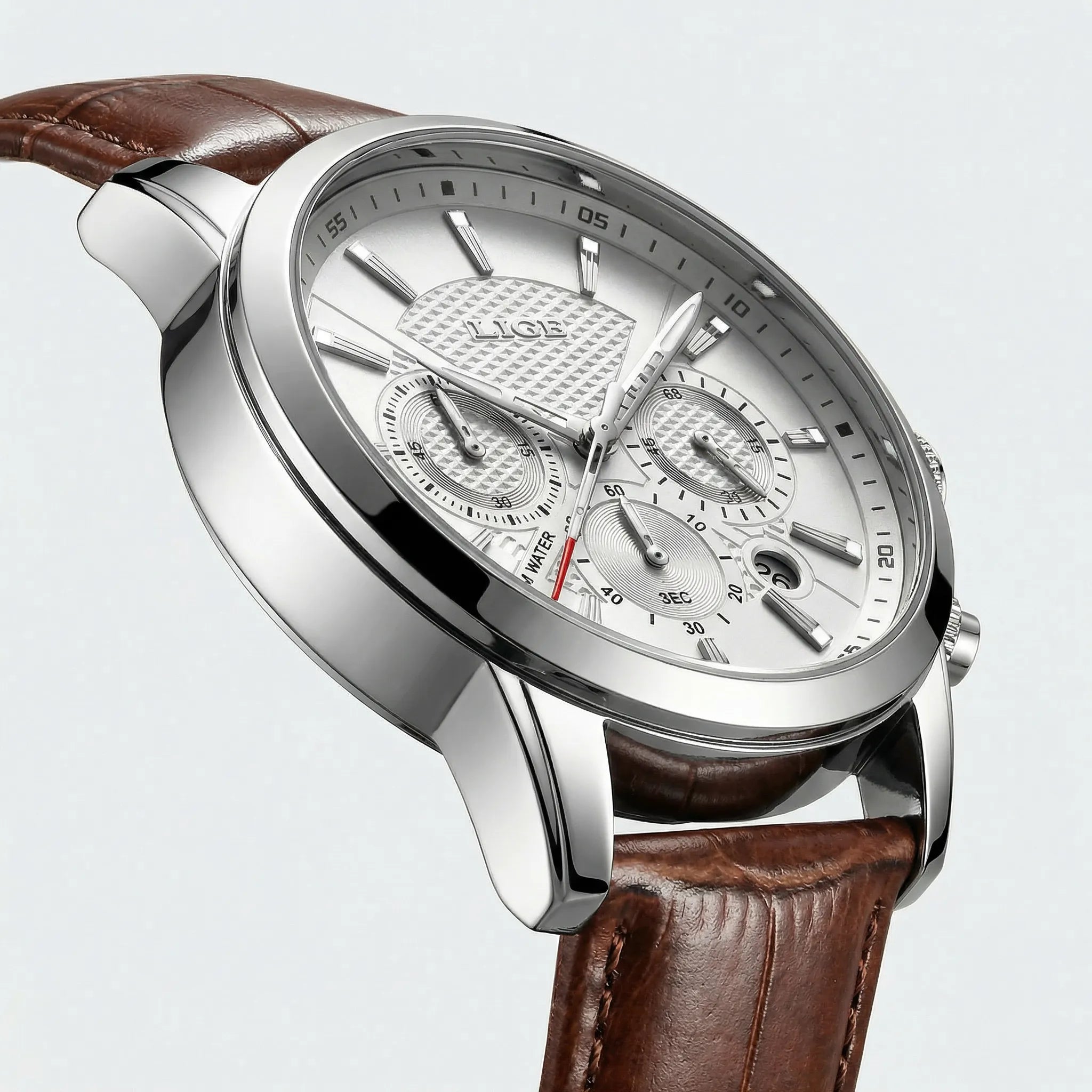 Side profile showing the durable case of a classic heritage watch, an elegant leather strap watch.
