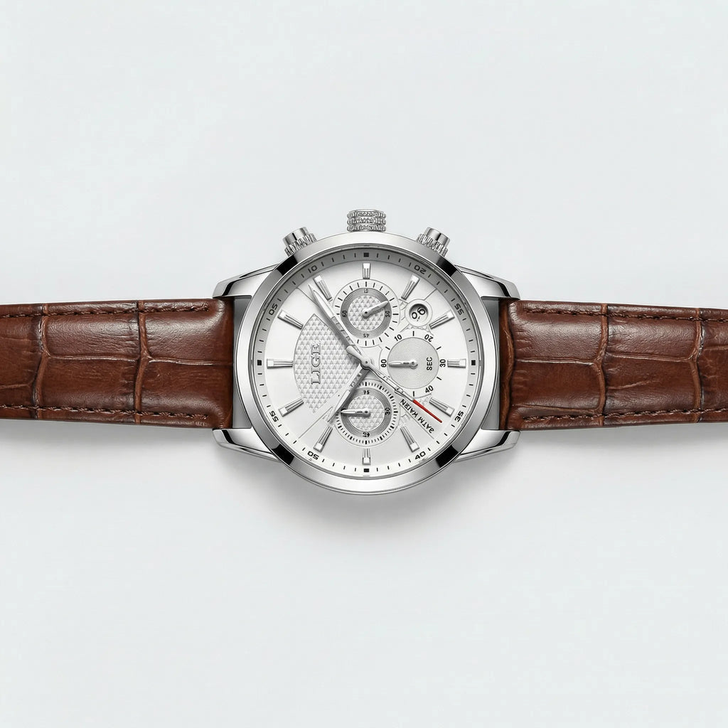 Classic straight-on view of a heritage watch with a white dial, a timeless accessory.