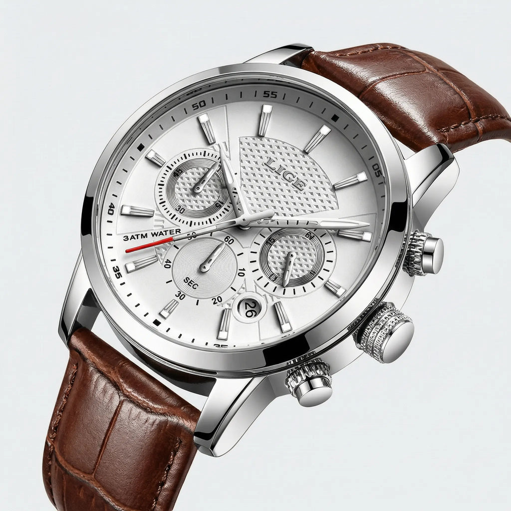 Detailed view of the premium leather band on a vintage style heritage watch.