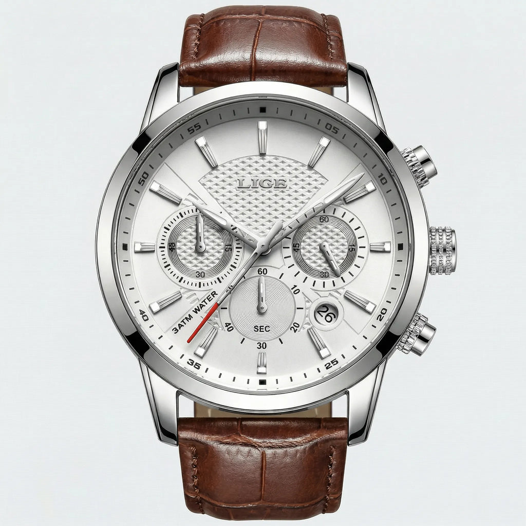 Detailed front view of a heritage classic watch with a white dial and leather strap, a premium dress watch.