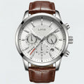 Detailed front view of a heritage classic watch with a white dial and leather strap, a premium dress watch.