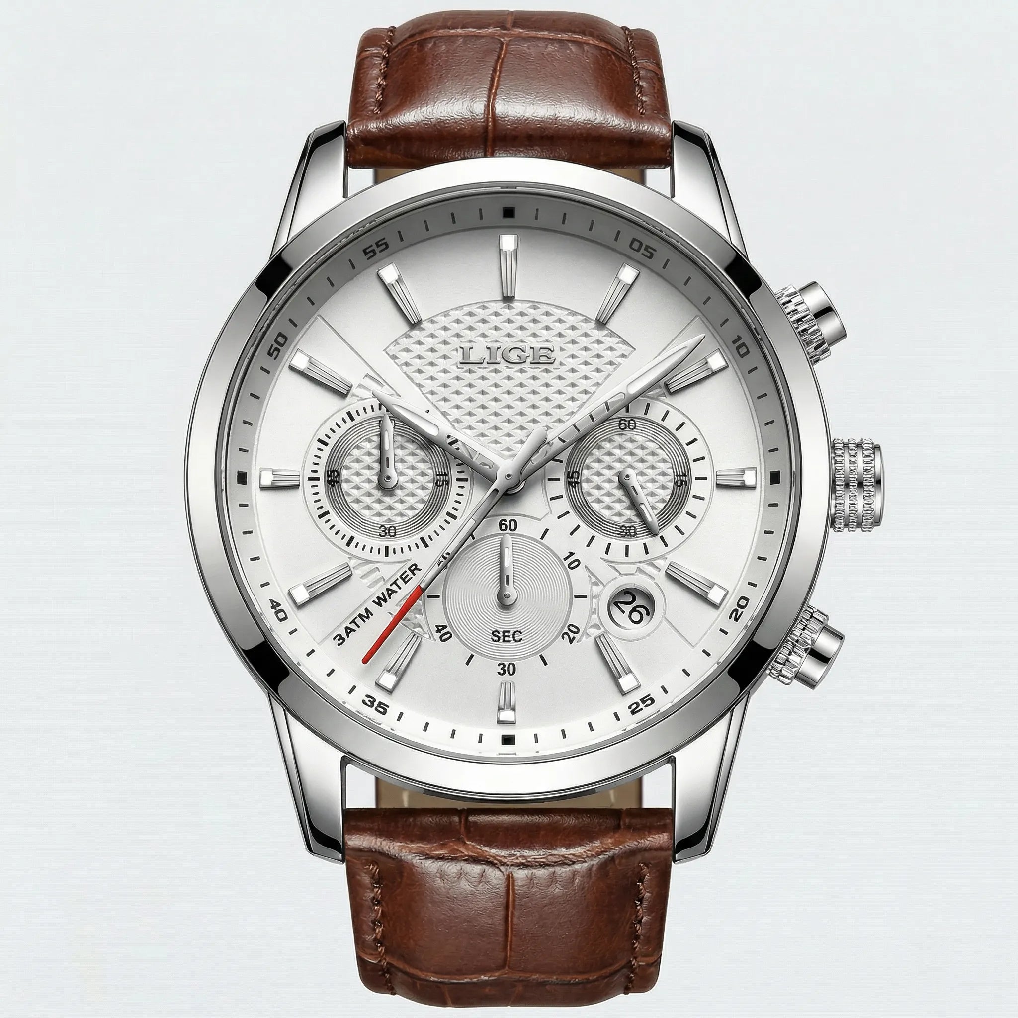 Detailed front view of a heritage classic watch with a white dial and leather strap, a premium dress watch.