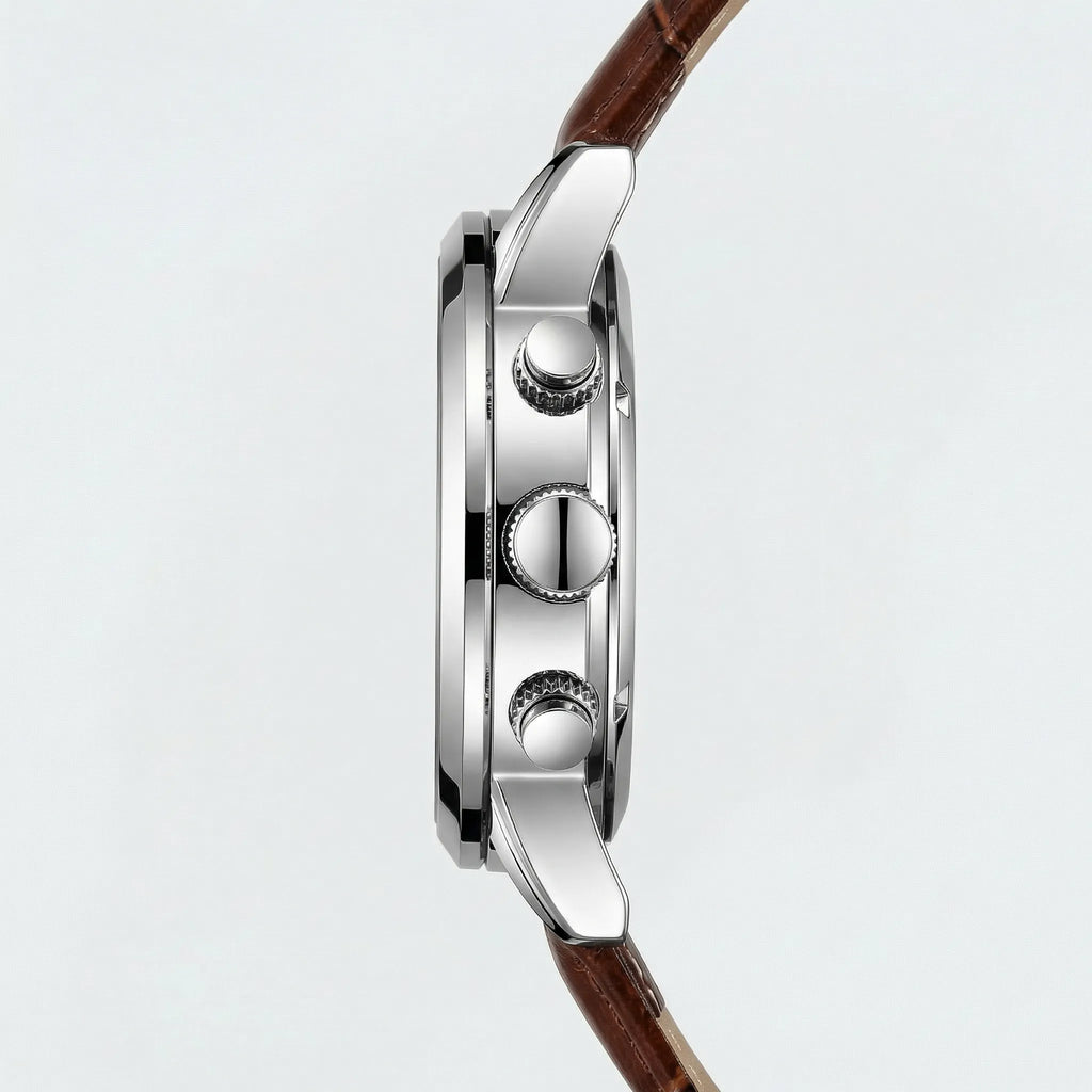 Angled presentation of a classic heritage watch, a sophisticated analog watch.