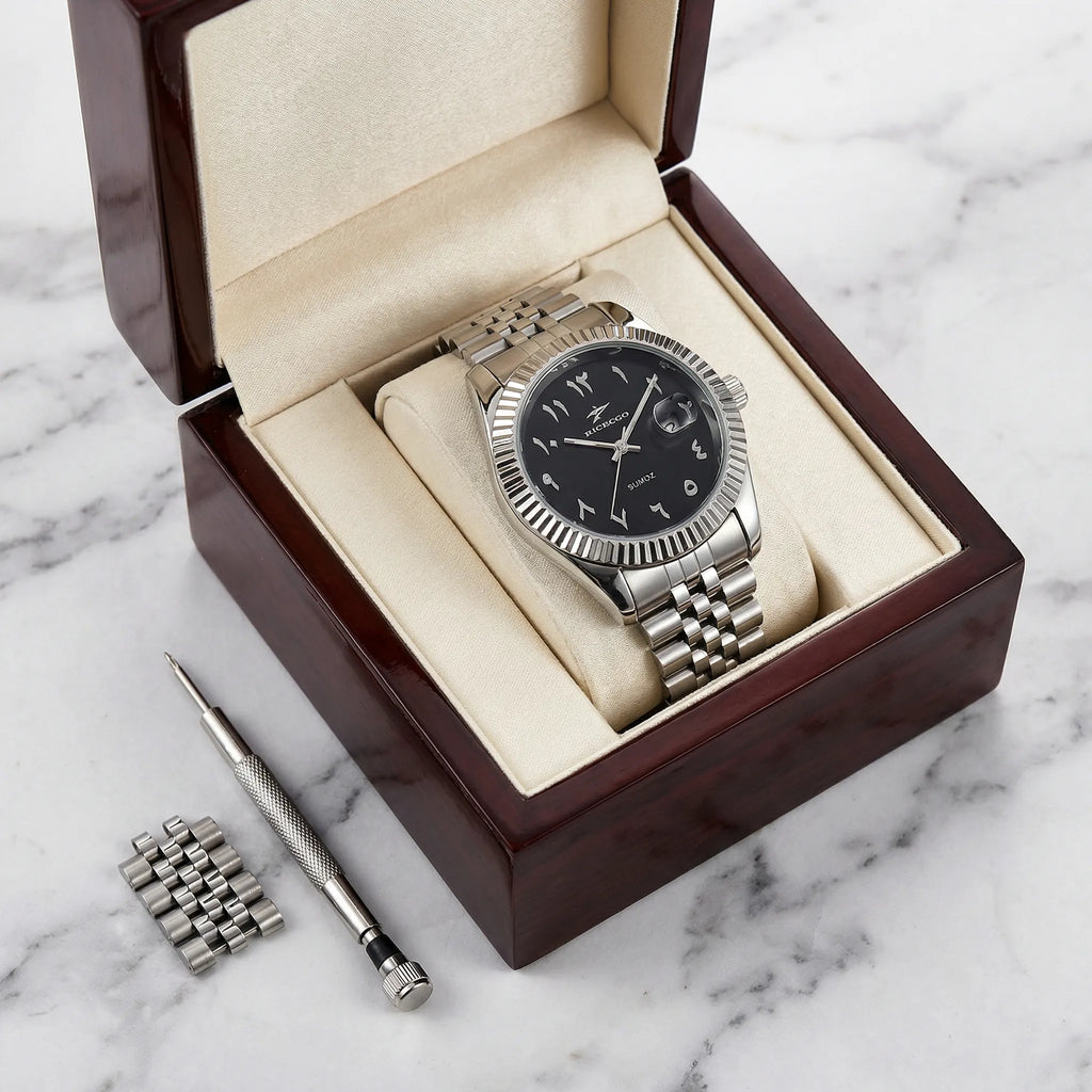 Premium silver business watch with a black dial presented in a luxury box, a perfect gift.