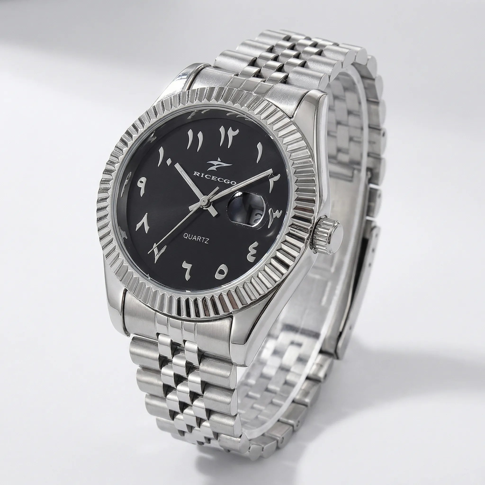 Angled presentation of a premium silver watch, a top selection among arabic dial watches.