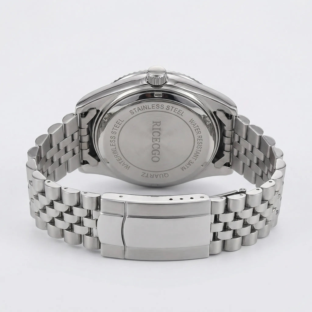 Classic straight-on view of a silver business watch with a black dial, a sophisticated mens silver watch.
