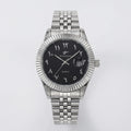 Detailed front view of a silver business watch with a black Arabic dial, a prestigious dress watch.