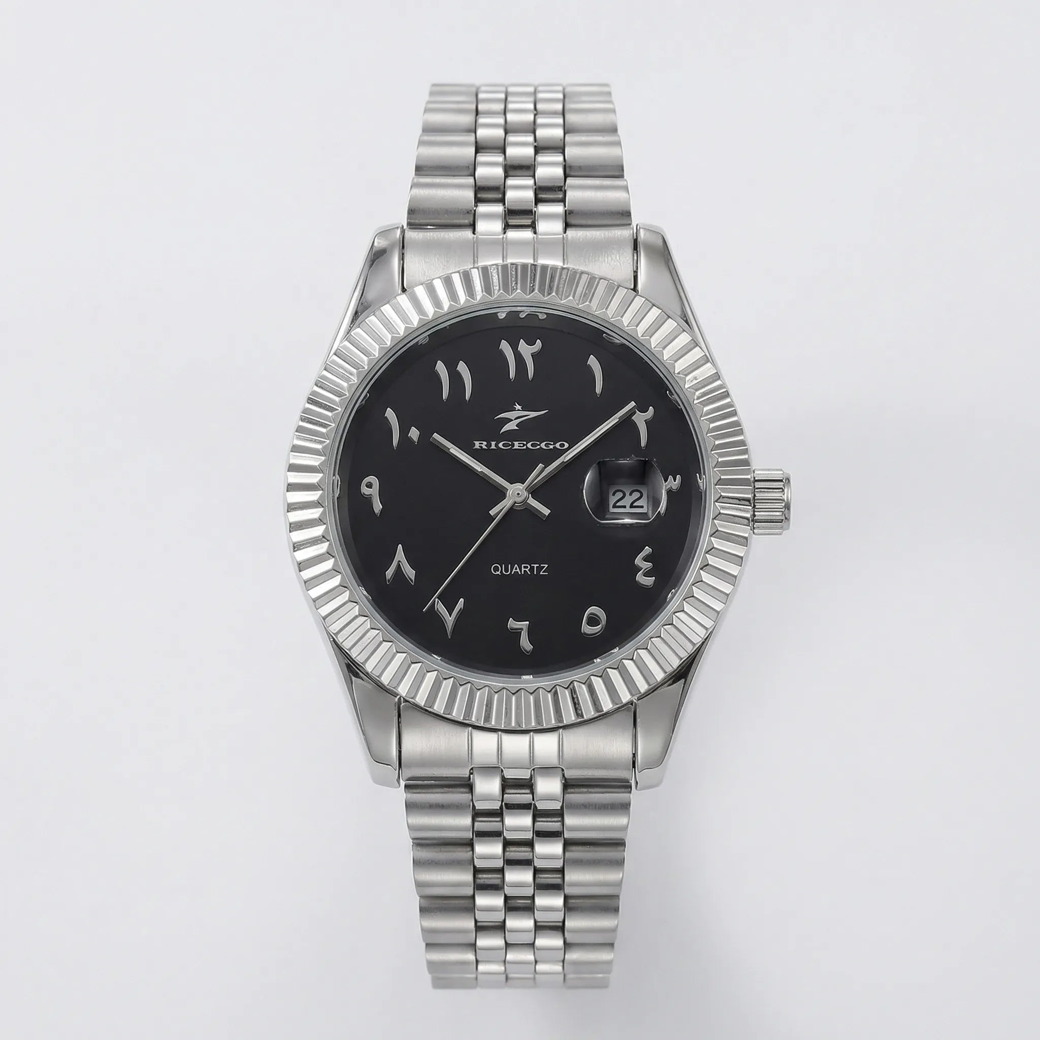 Detailed front view of a silver business watch with a black Arabic dial, a prestigious dress watch.