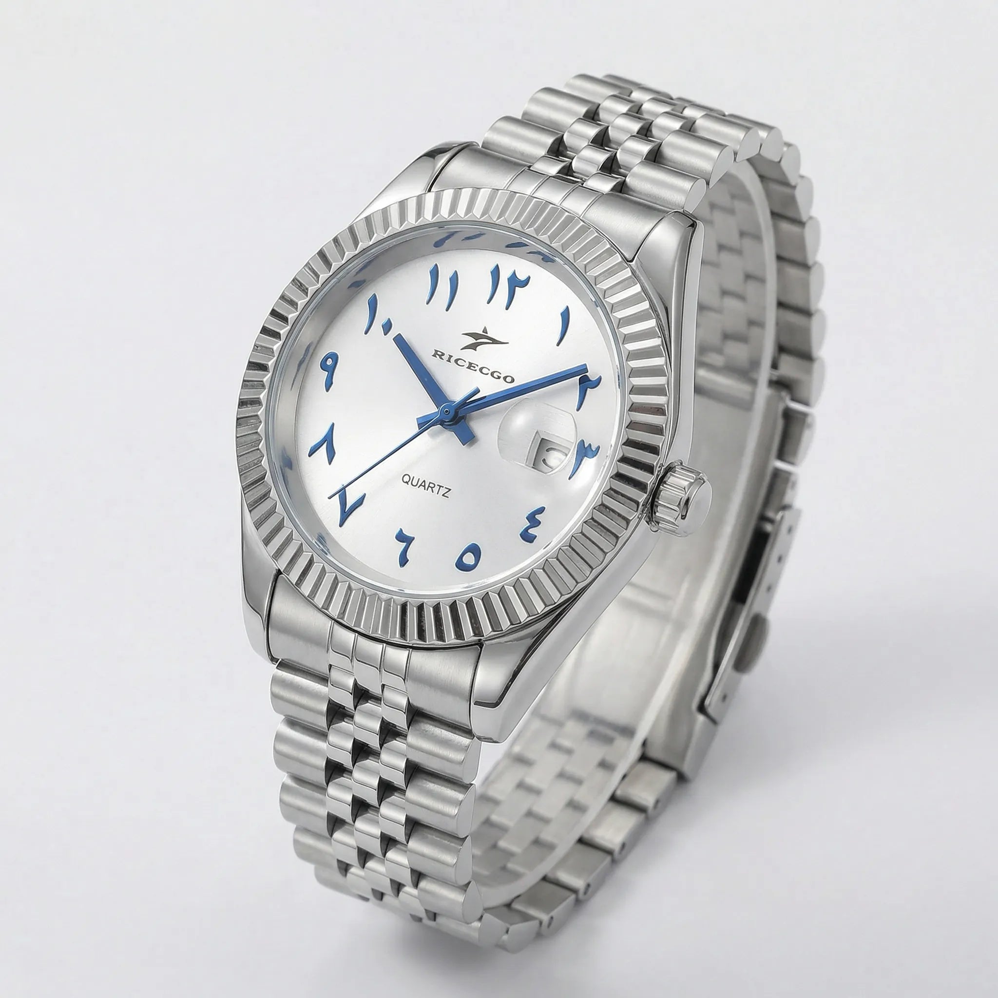 Side profile showing the refined case of a silver business watch, a classic mens silver watch.