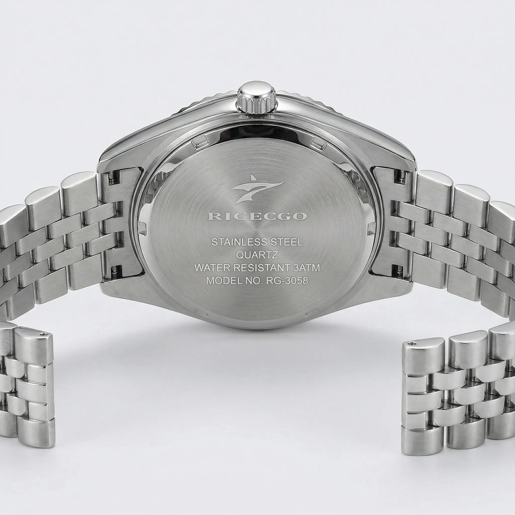 Classic straight-on view of a premium silver watch with a white Arabic dial, a timeless accessory.