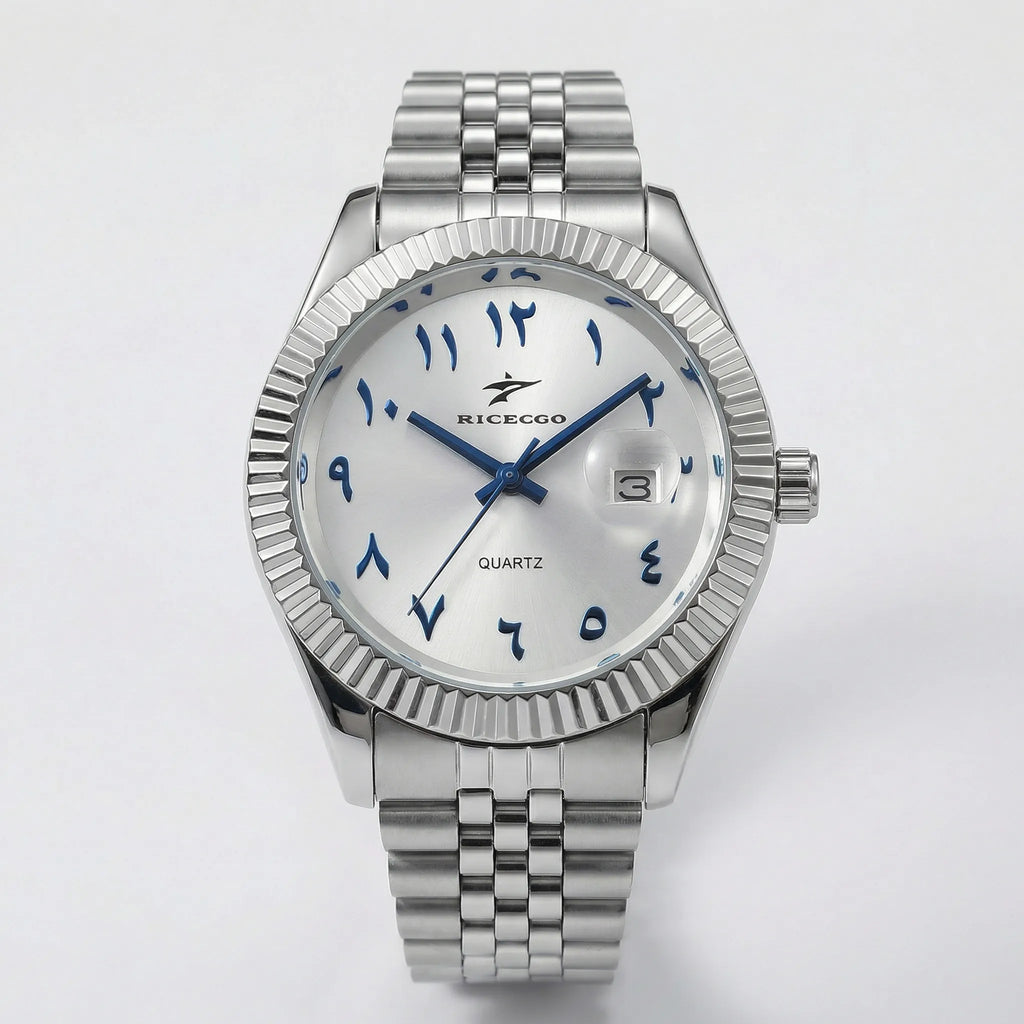 Detailed front view of a silver business watch with a white Arabic dial, an elegant dress watch.