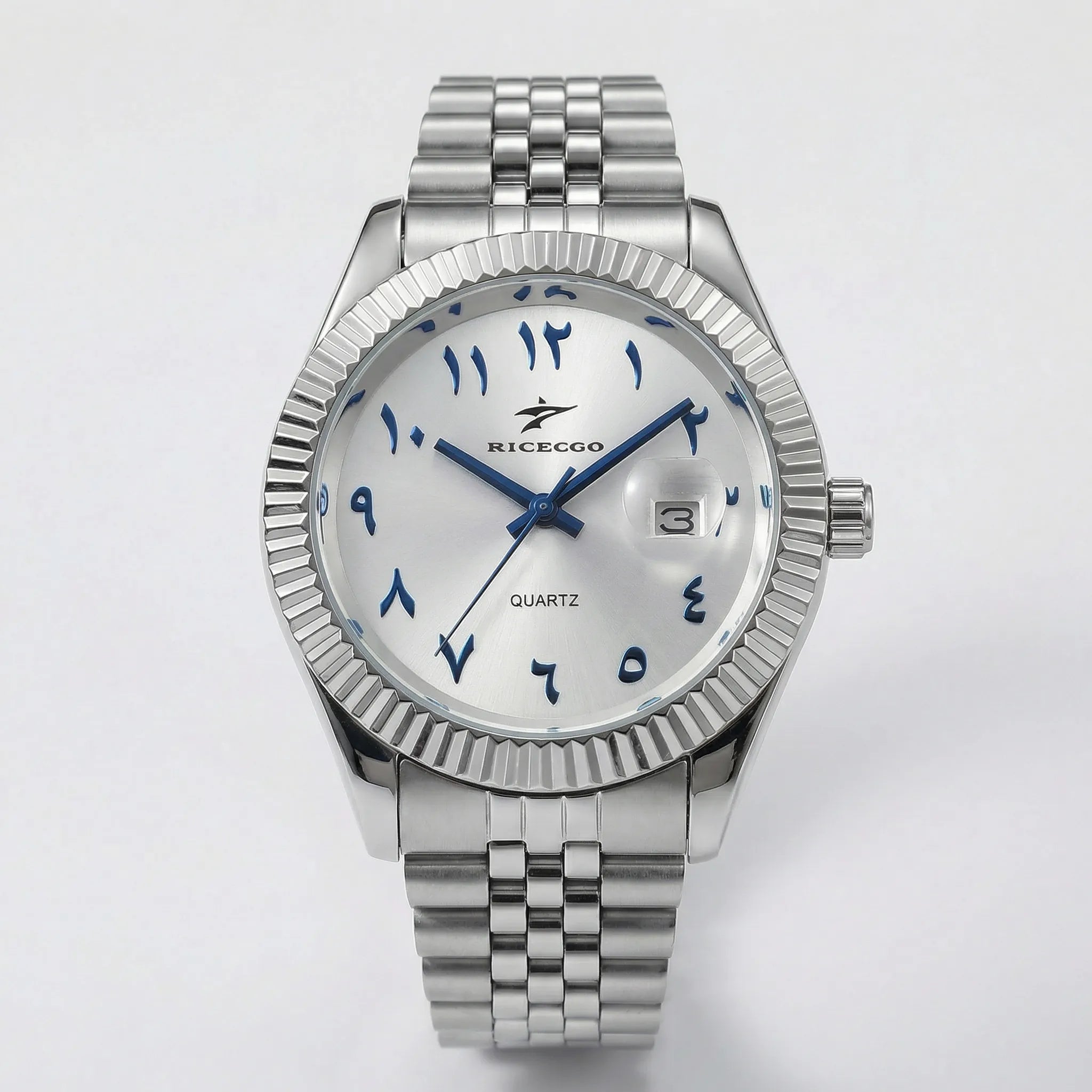 Detailed front view of a silver business watch with a white Arabic dial, an elegant dress watch.