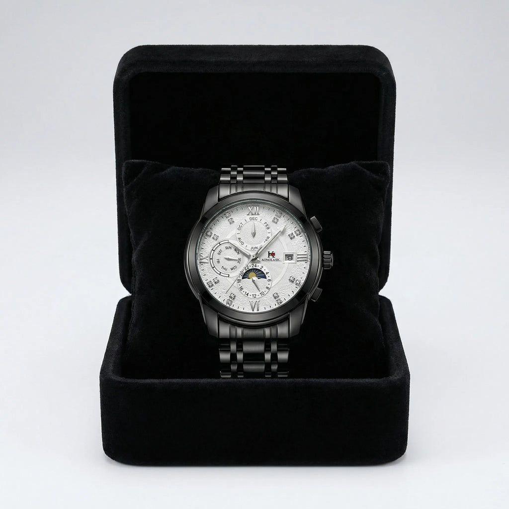 Detailed look at the stainless steel bracelet of a classic black dial business watch.