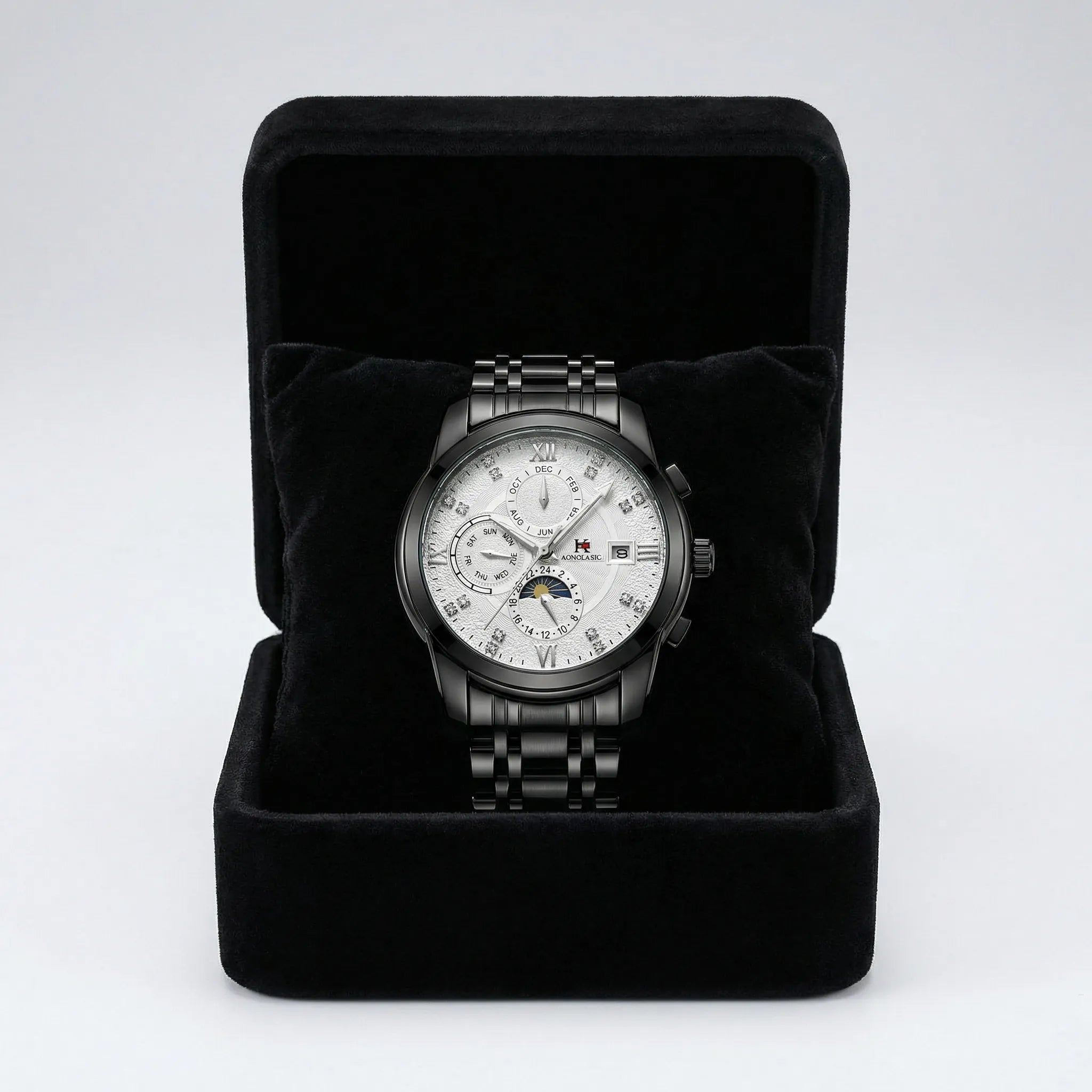 Detailed look at the stainless steel bracelet of a classic black dial business watch.