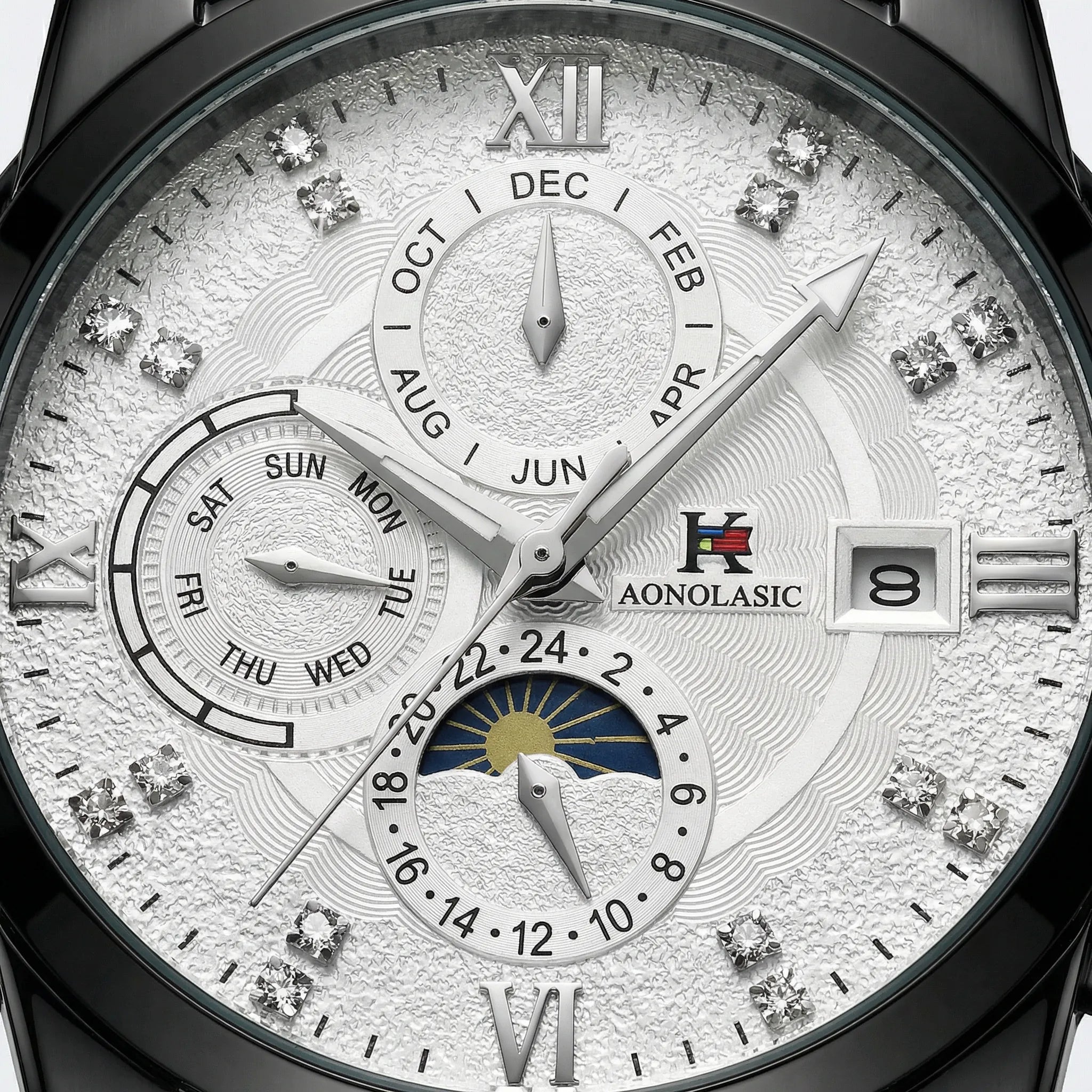 Close-up of the black dial on a classic business watch, highlighting its reliable quartz movement.