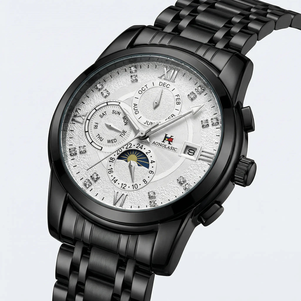 Classic straight-on view of a business watch with a black dial, a formal dress watch.