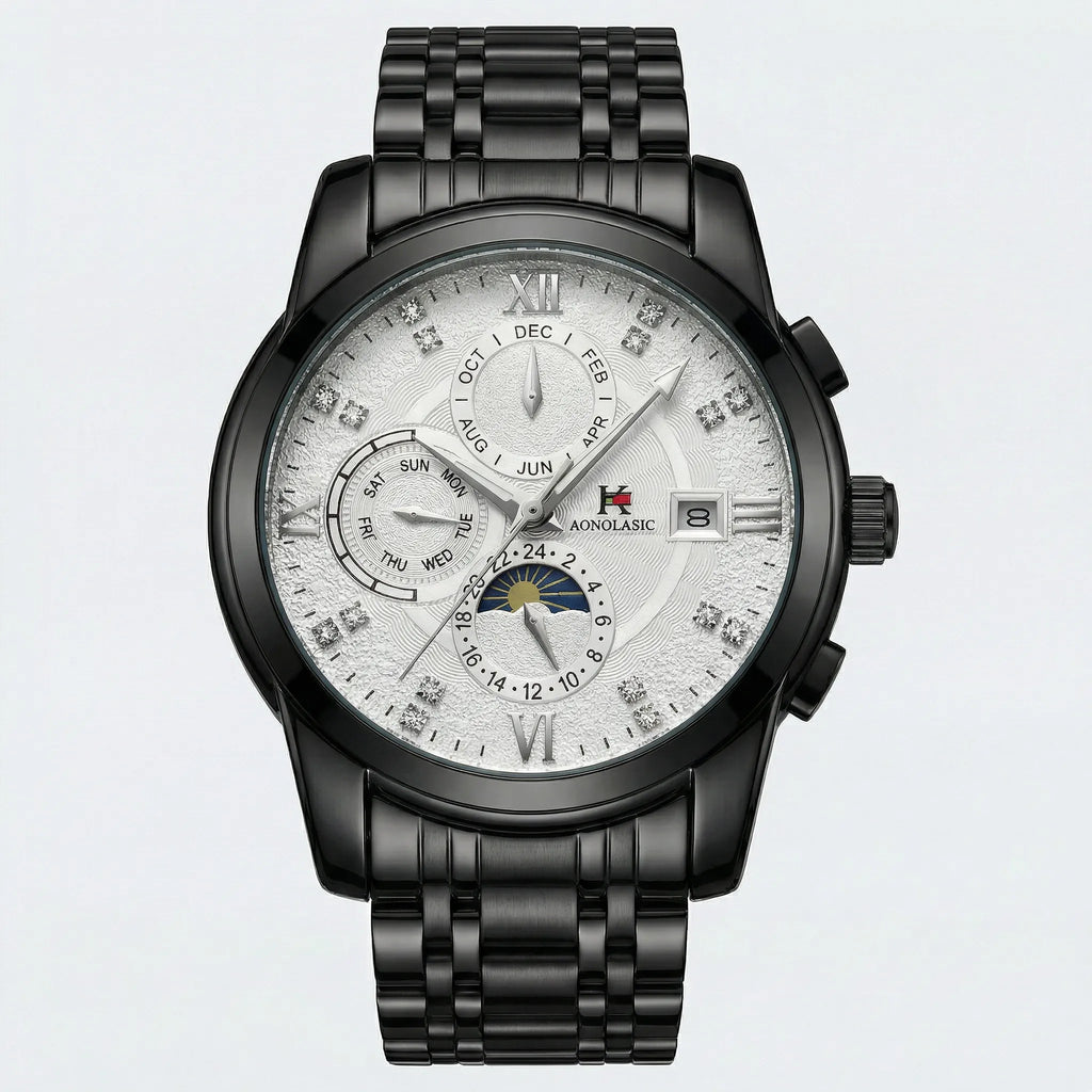 Detailed front view of a classic business watch with a black dial, an elegant stainless steel watch.