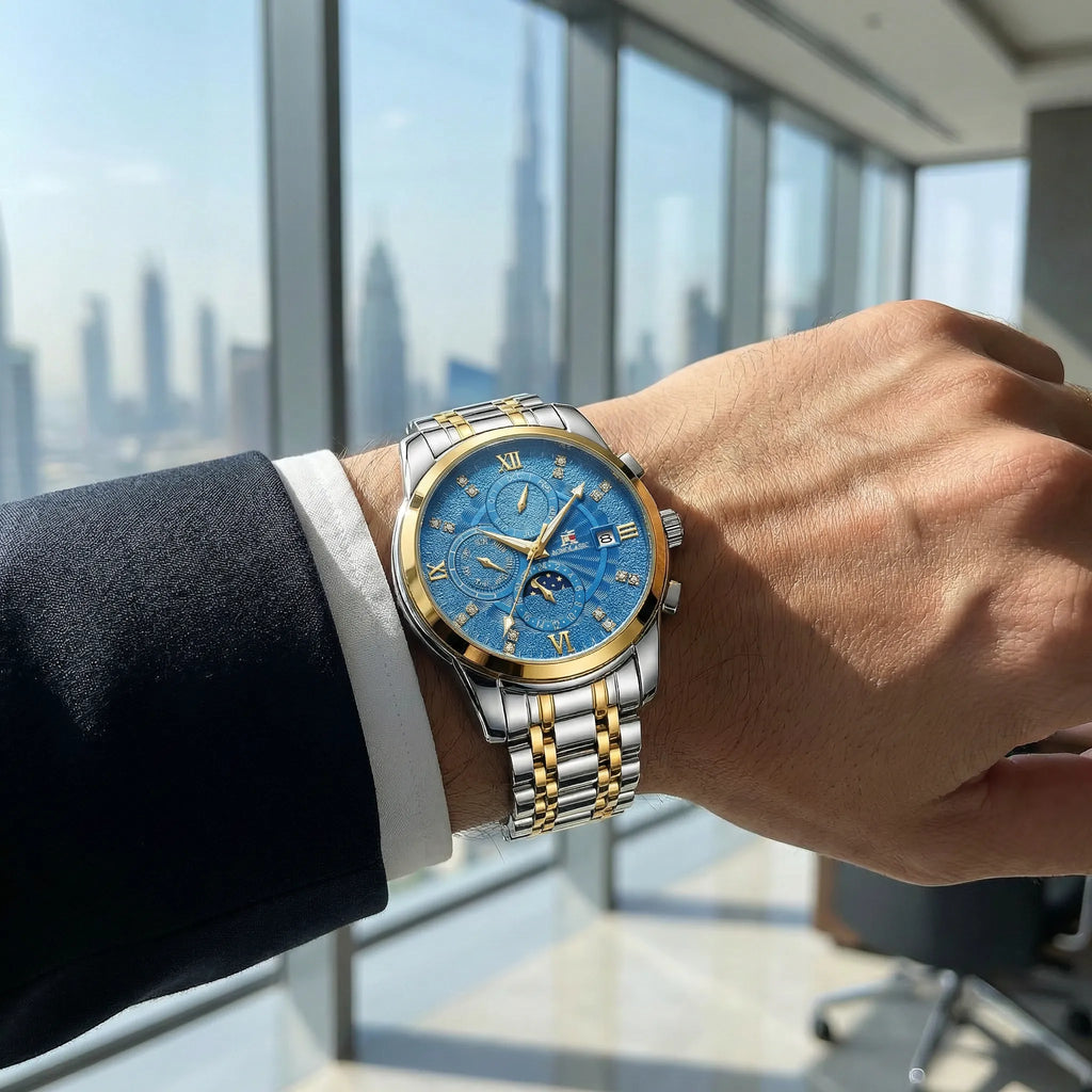 Man wearing a silver business watch with a blue dial on his wrist, a sophisticated wrist watch.