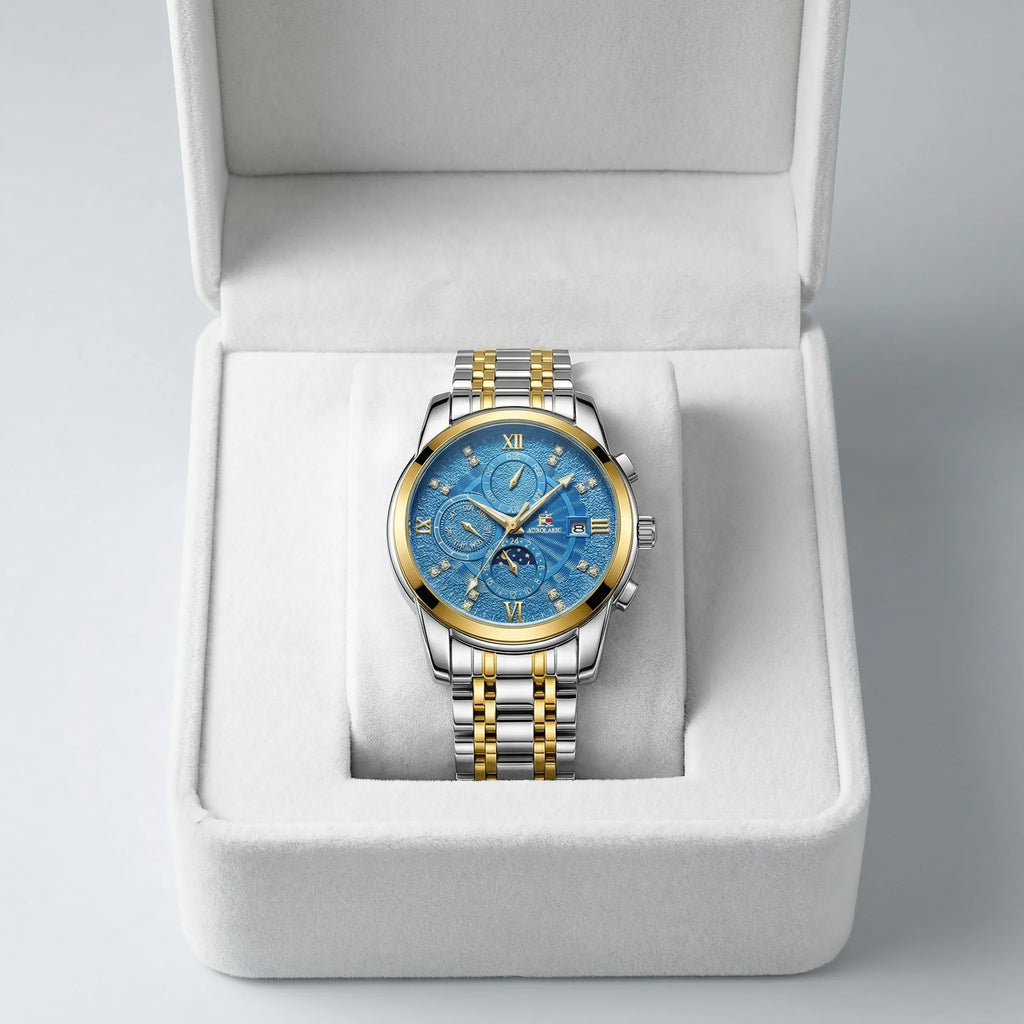 Back case view showing the durable build of a silver business watch, a reliable quartz watch.