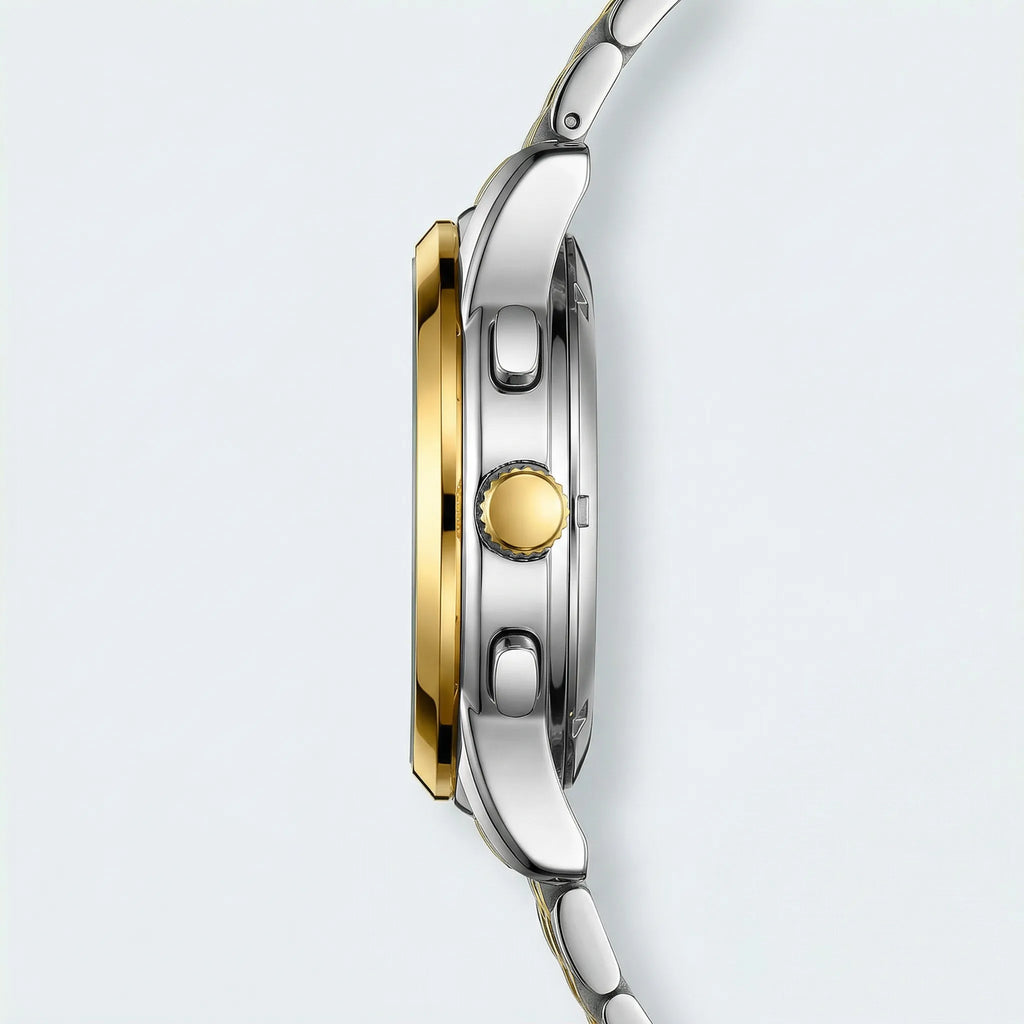 Angled presentation of a silver business watch, an elegant choice among analog watches for men.