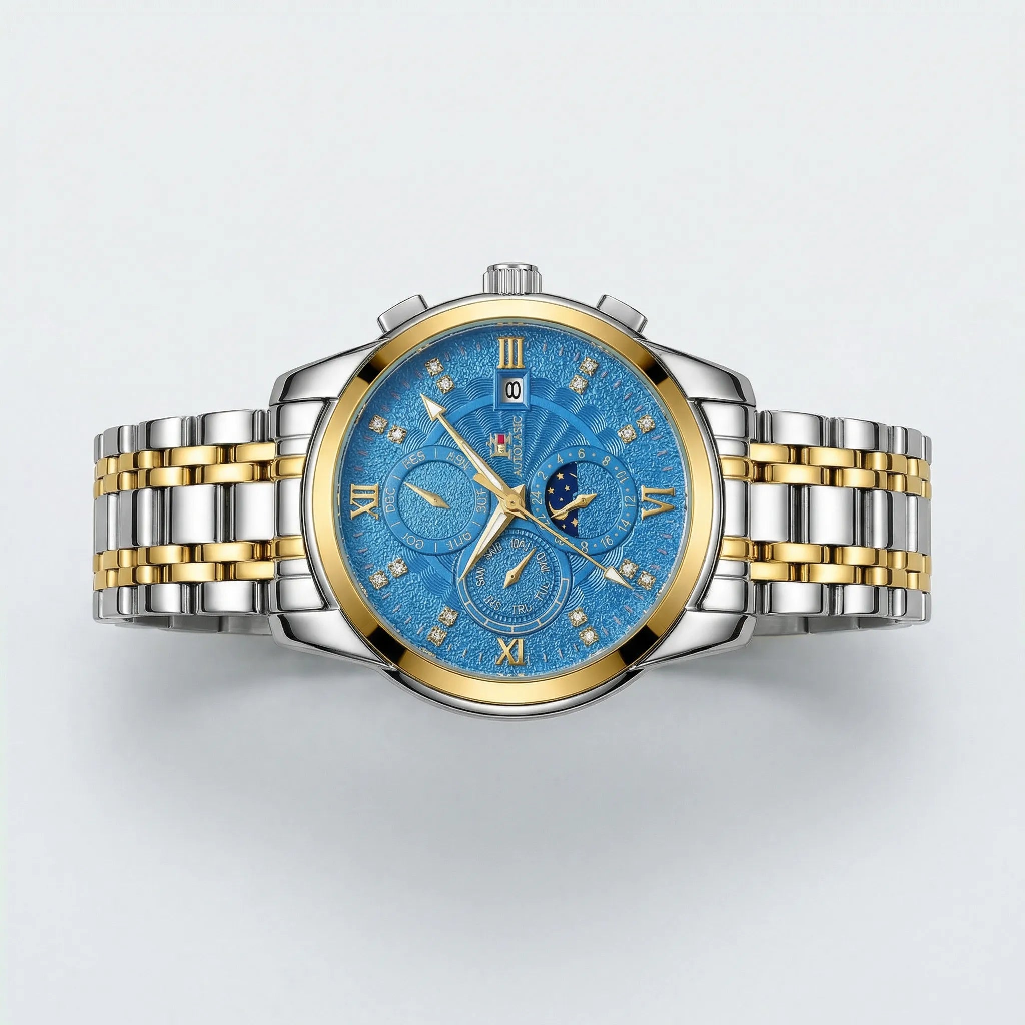 Sleek side profile of a silver business watch with a blue dial, a premium stainless steel watch.