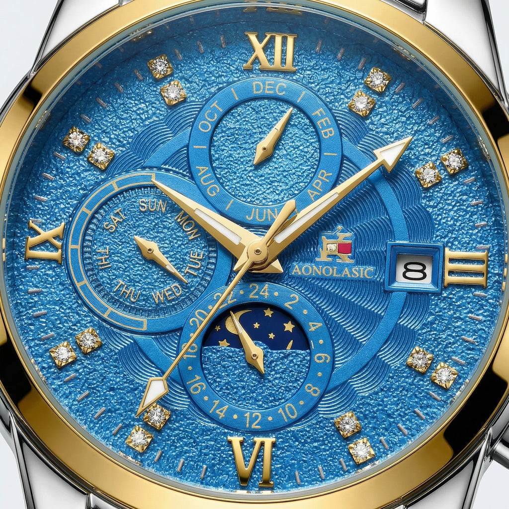 Close-up of the sophisticated blue dial on a classic business watch, highlighting its chronograph watch features.