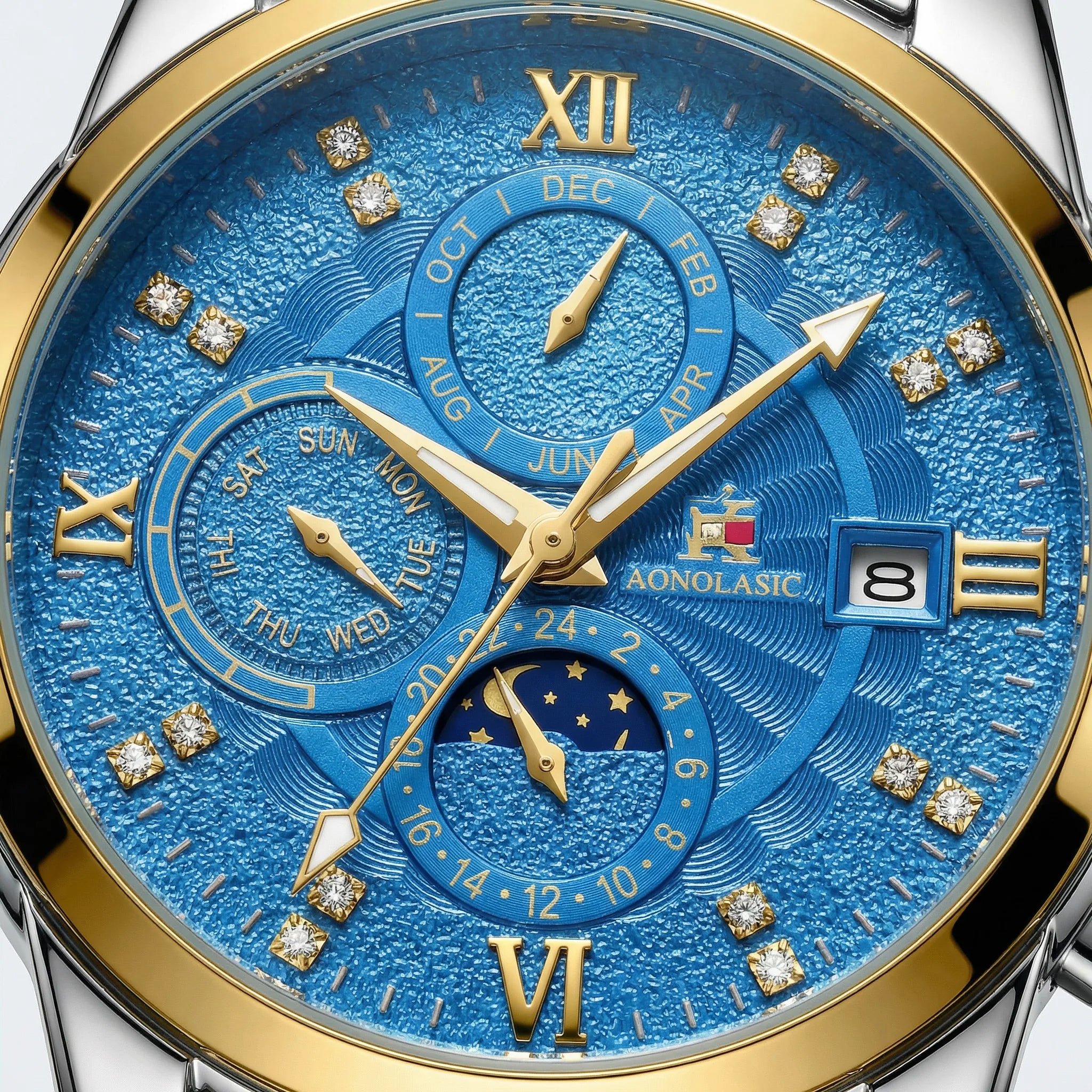 Close-up of the sophisticated blue dial on a classic business watch, highlighting its chronograph watch features.
