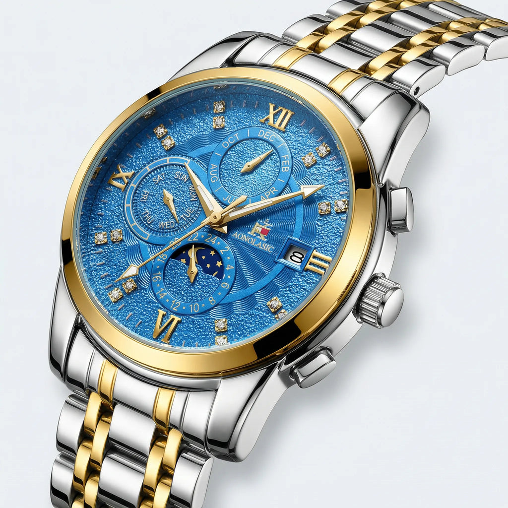 Detailed view of the integrated stainless steel band on a classic blue dial watch.