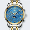 Detailed front view of a classic silver business watch with a blue dial, a stylish mens silver watch.