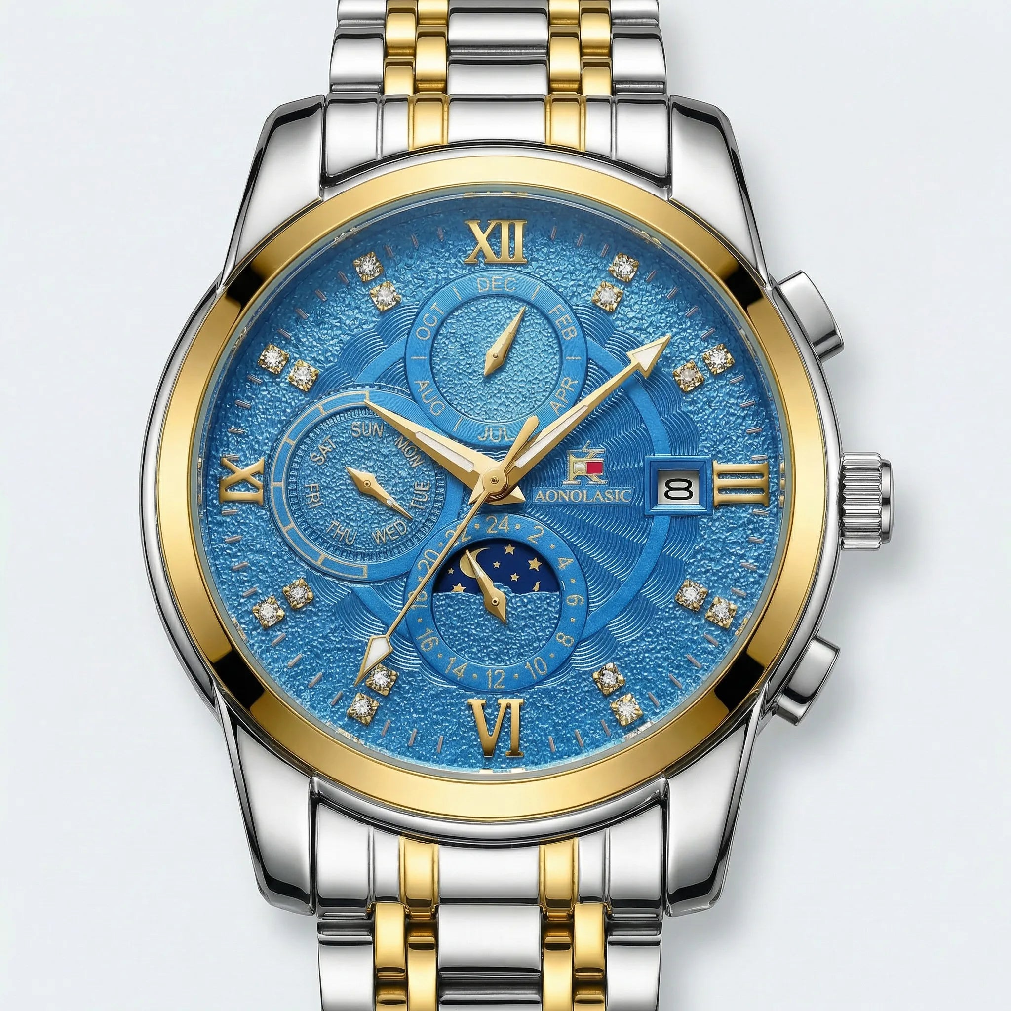Detailed front view of a classic silver business watch with a blue dial, a stylish mens silver watch.