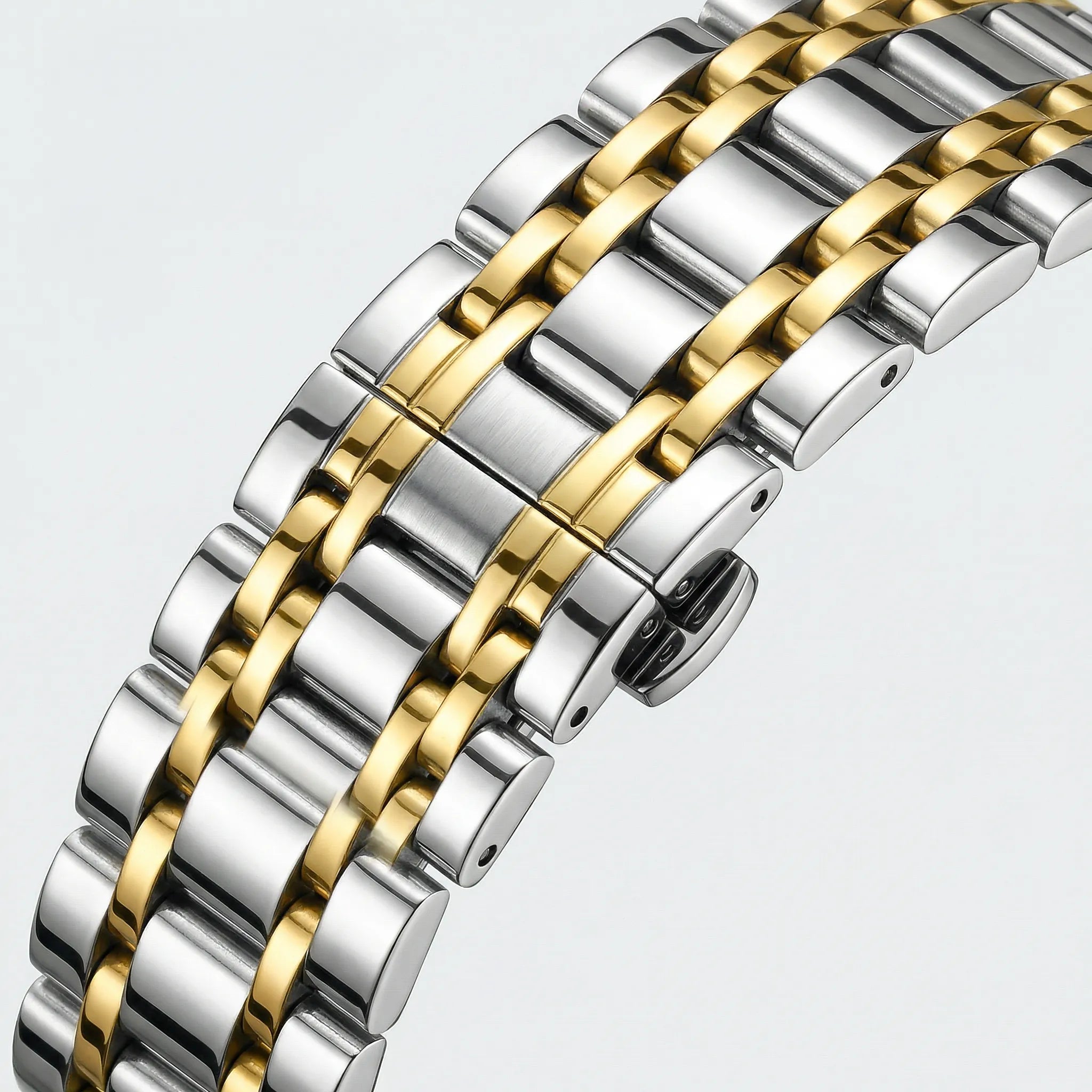 Classic straight-on view of a silver watch with a blue dial, a timeless analog watch.