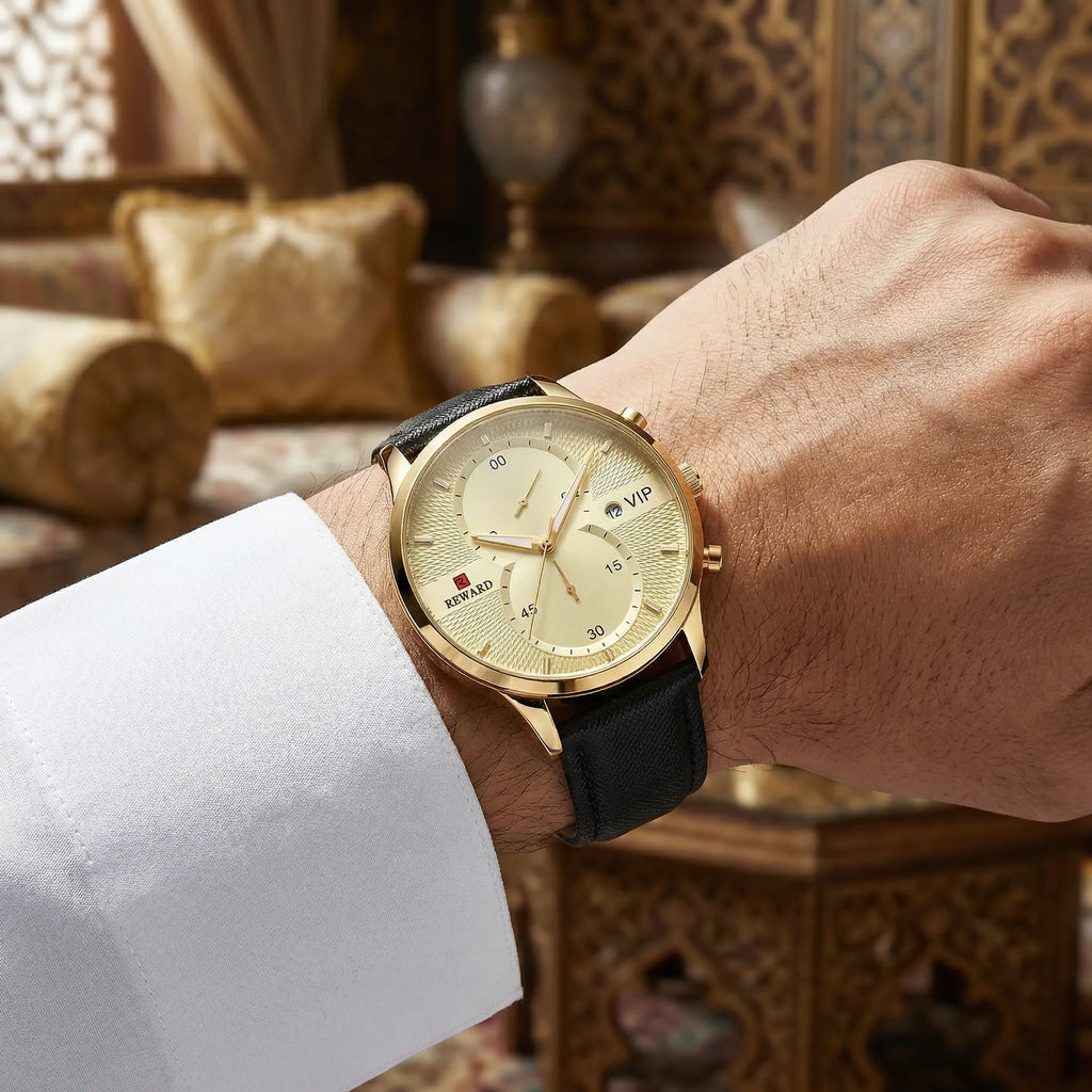 Premium minimalist gold tone watch presented in an elegant box, an excellent gift for men.