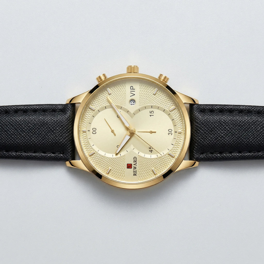 Side profile showing the sleek case of an ultra-thin gold tone watch, a top tier simple watch.