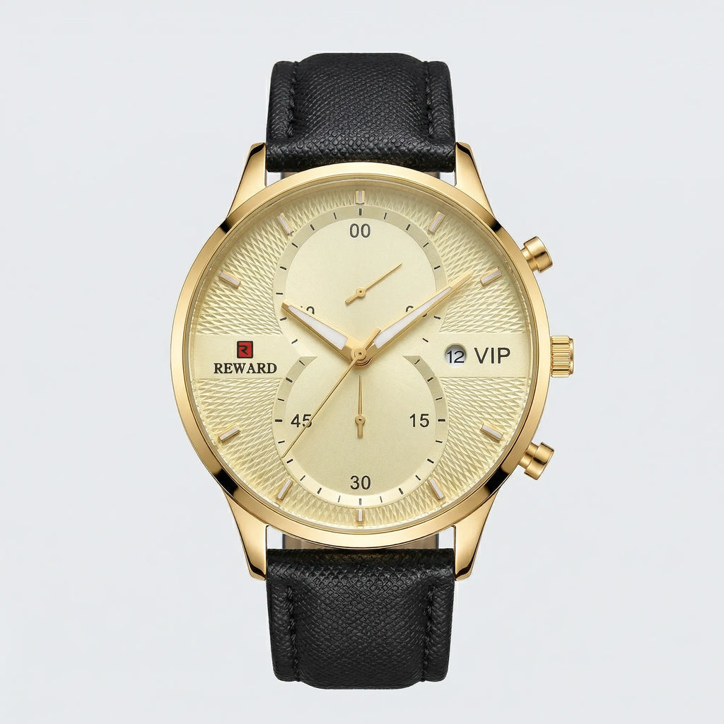 Detailed front view of an ultra-thin gold tone watch with a black dial, a premium minimalist watch.