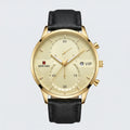 Detailed front view of an ultra-thin gold tone watch with a black dial, a premium minimalist watch.