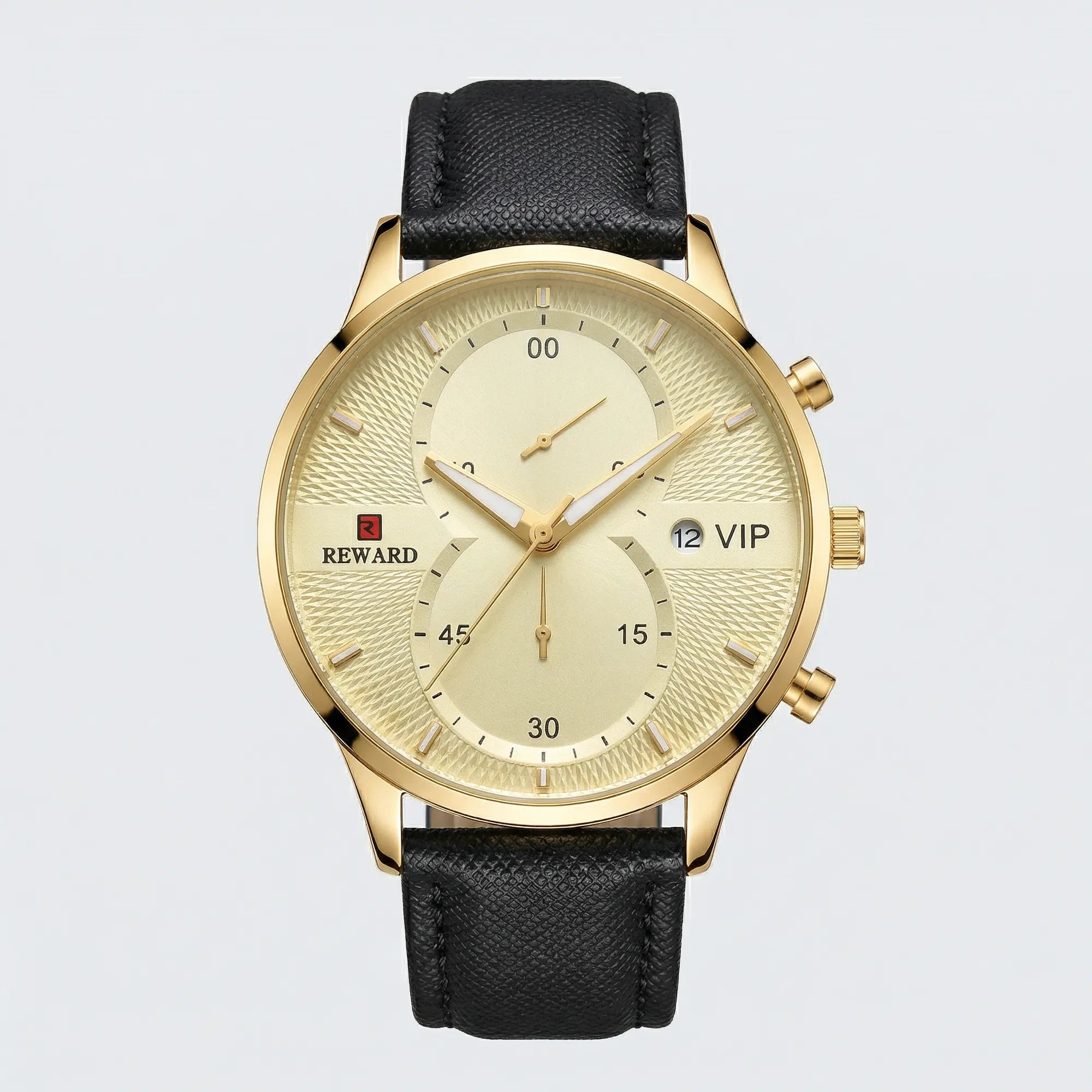 Detailed front view of an ultra-thin gold tone watch with a black dial, a premium minimalist watch.