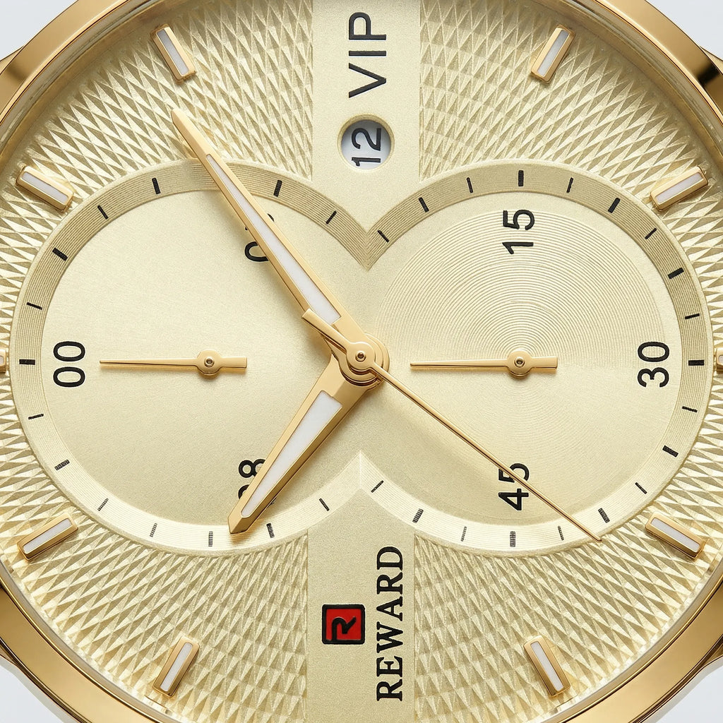 Close-up of the large black dial on an ultra-thin gold tone watch, a highly readable analog watch.