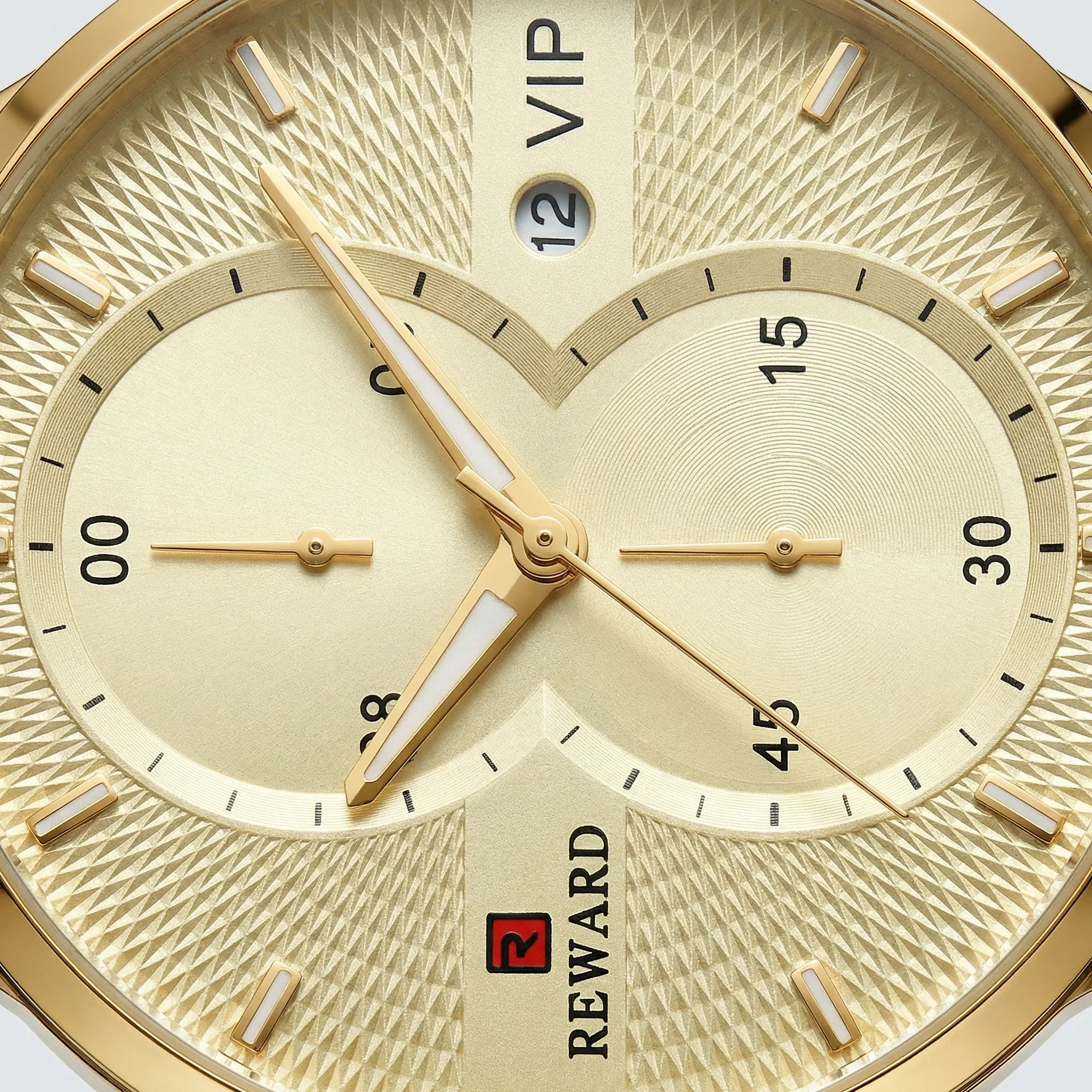 Close-up of the large black dial on an ultra-thin gold tone watch, a highly readable analog watch.