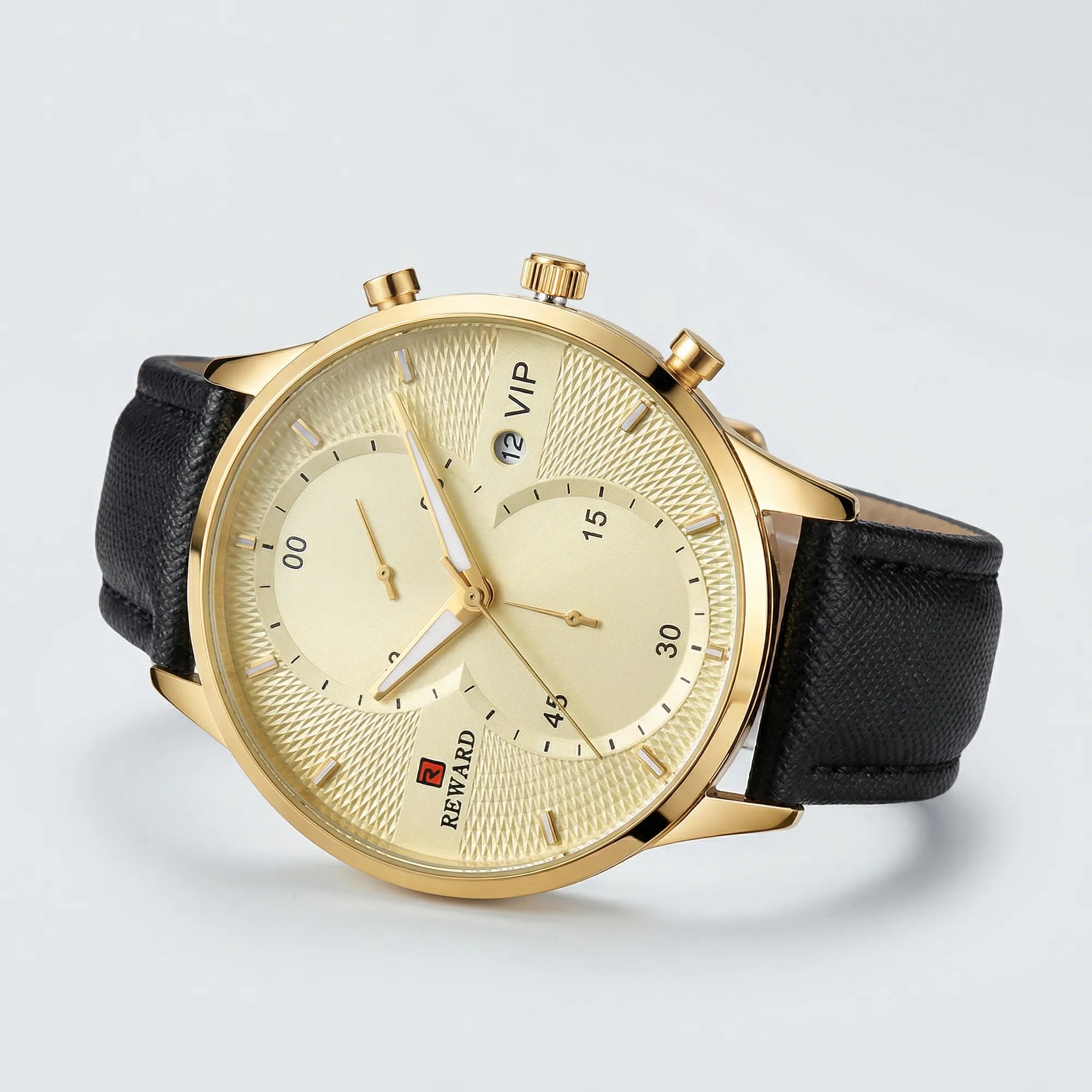 Classic straight-on view of a minimalist gold tone watch, a sophisticated black dial watch.