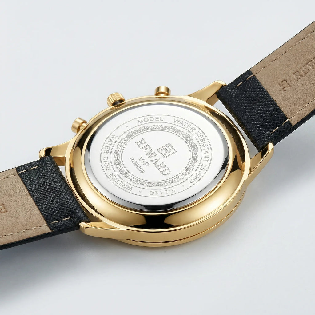 Close-up of the precision hands on a gold tone minimalist watch, a reliable quartz watch.