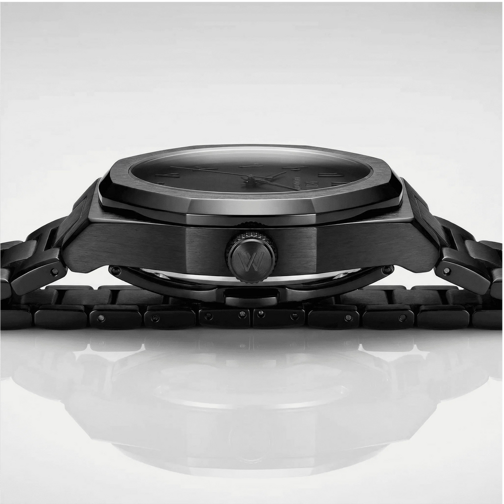 Angled presentation of an octagonal watch, a commanding stainless steel watch.