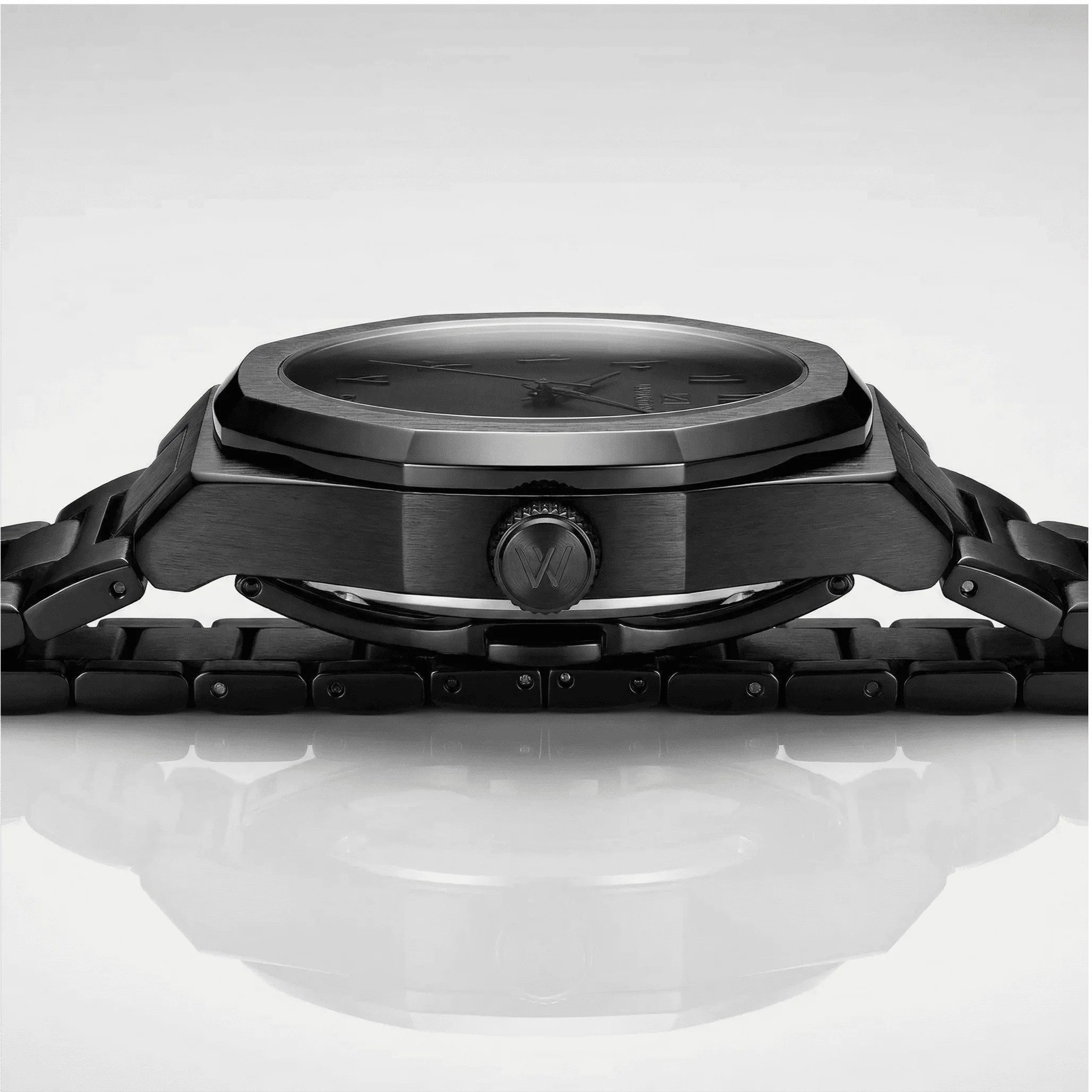 Angled presentation of an octagonal watch, a commanding stainless steel watch.